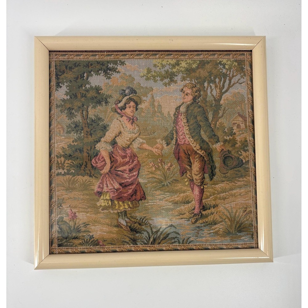 Vintage Needlepoint Tapestry Wall Art French Country Courtship Framed
